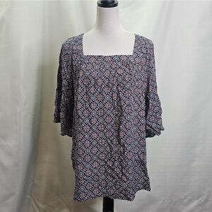 Dana Buchman Blue and Red Geometric Square Neck Blouse Size XL
